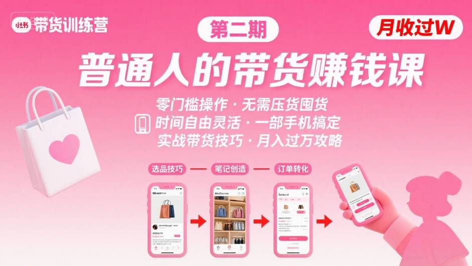 小红书带货第二期训练营，普通人月收过W的带货课，时间自由，零门槛无压货，一部手机即可操作-zhichuangquan
