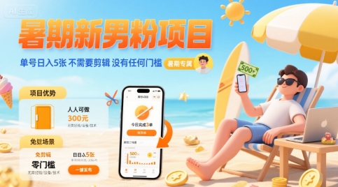 暑期新男粉项目 单号日入5张 不需要剪辑  没有任何门槛-zhichuangquan