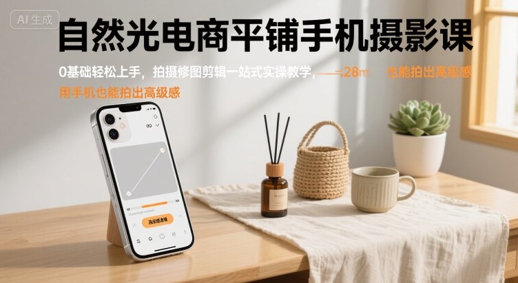 自然光电商平铺手机摄影课，0基础轻松上手，拍摄修图剪辑一站式实操教学，用手机也能拍出高级感-zhichuangquan