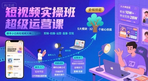 短视频实操班超级运营课，新手小白到短视频大神必修课程，剪辑-拍摄-运营-直播-变现-zhichuangquan