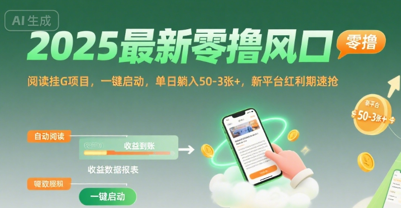 2025最新零撸风口，阅读挂G项目，一键启动，单日躺入 50-3张+，新平台红利期速抢【揭秘】-zhichuangquan