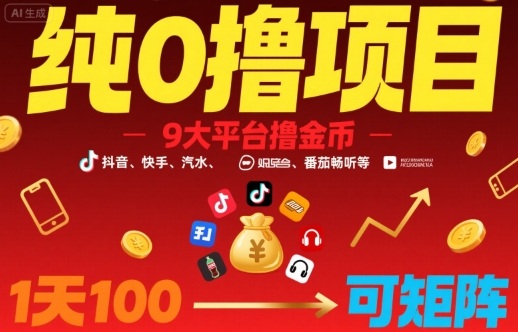 纯0撸项目，9大平台撸金币，抖音，快手，汽水，番茄畅听等，1天100，可矩阵-zhichuangquan