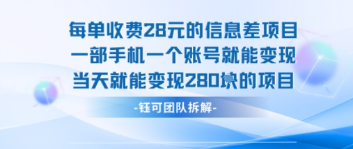 每单收费28米的项目单日能变现280左右 一部手机一个账号就能变现-zhichuangquan