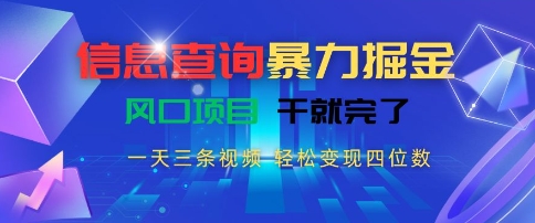 信息查询暴力掘金，一天三条视频，轻松变现四位数，风口项目干就完了【揭秘】-zhichuangquan