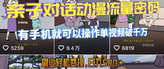 AI引爆短视频，亲子对话动漫流量密码，有手机就可以操作，单视频破千万播放，副业轻松变现，日入5张【揭秘】-zhichuangquan