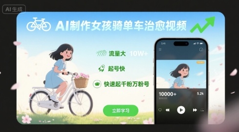 AI制作女孩骑单车治愈视频，流量大，起号快，快速起千粉万粉号-zhichuangquan