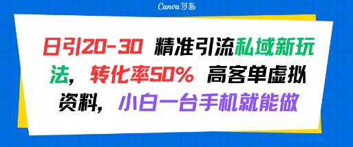 日引 20-30 精准引流私域新玩法，转化率50% 高客单虚拟资料，小白一台手机就能做-zhichuangquan