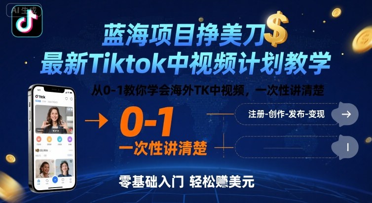 蓝海项目挣美刀，最新Tiktok中视频计划教学，从0-1教你学会海外TK中视频，一次性讲清楚-zhichuangquan