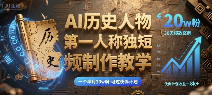 最新AI历史人物第一人称独白短视频制作教学，一个半月20w粉，可过伙伴计划-zhichuangquan