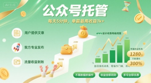 【公众号托管 】我提供文章，你发布，每天5分钟，单篇最高收益1k+【揭秘】-zhichuangquan