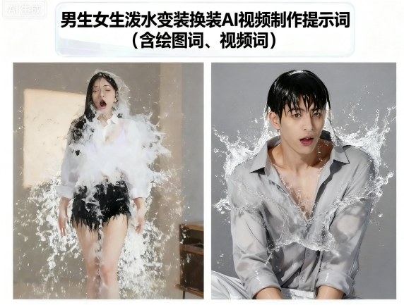 男生女生泼水变装换装AI视频制作提示词(含绘图词、视频词)-zhichuangquan