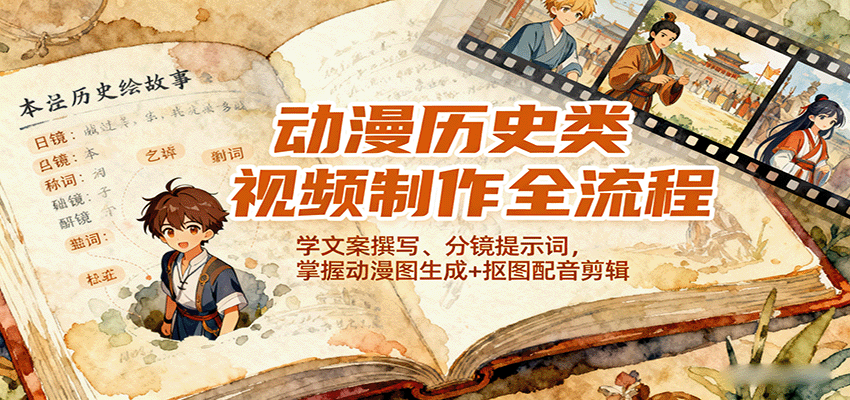 动漫历史类视频制作全流程，学文案撰写、分镜提示词，掌握动漫图生成+抠图配音剪辑-zhichuangquan
