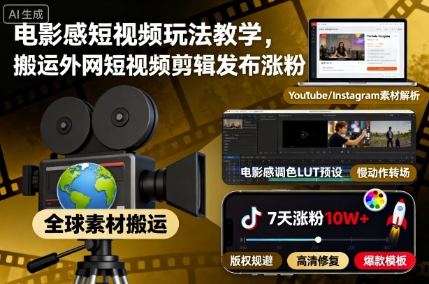 电影感短视频玩法教学，搬运外网短视频剪辑发布涨粉-zhichuangquan