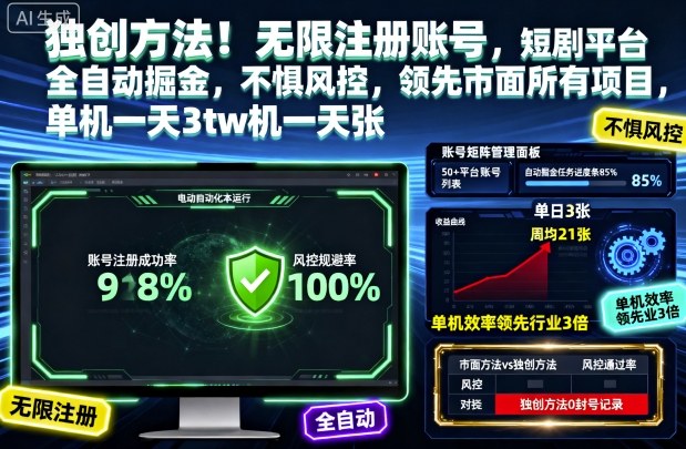 独创方法！无限注册账号，短剧平台全自动掘金，不惧风控，领先市面所有项目，单机一天3张【揭秘】-zhichuangquan