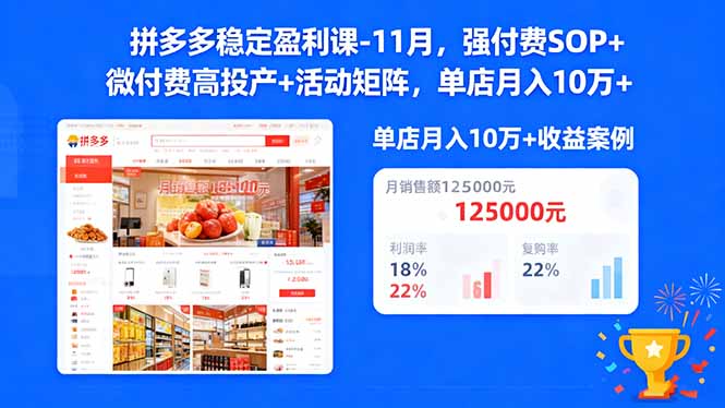 拼多多稳定盈利课-11月，强付费SOP+微付费高投产+活动矩阵，单店月入10万+-zhichuangquan