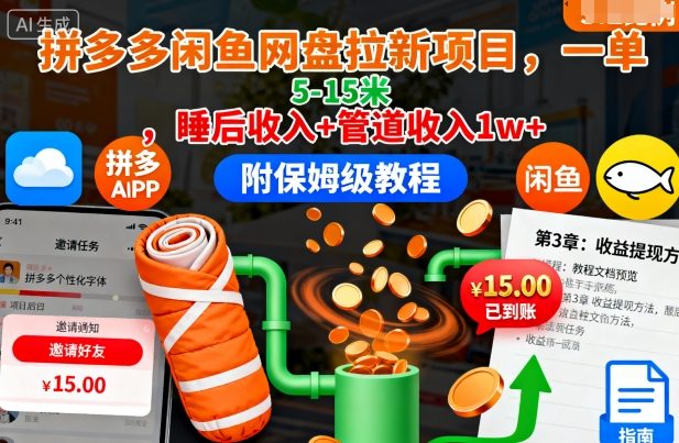 拼多多闲鱼网盘拉新项目，一单5-15米，睡后收入+管道收入1w+(附保姆级教程)-zhichuangquan