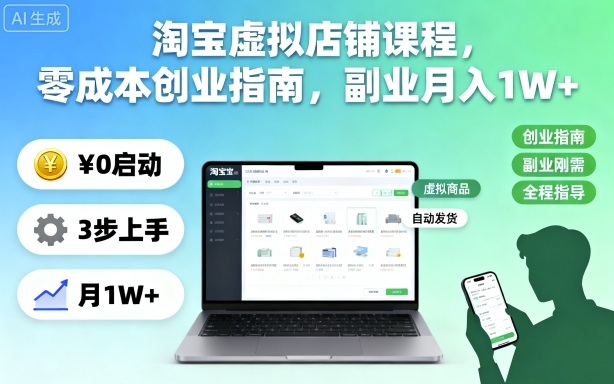 淘宝虚拟店铺课程，零成本创业指南，副业月入1W+-zhichuangquan