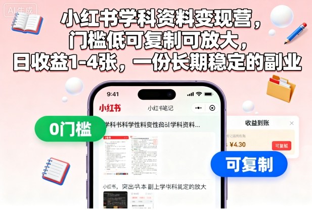小红书学科资料变现营，门槛低可复制可放大，日收益1-4张，一份长期稳定的副业-zhichuangquan