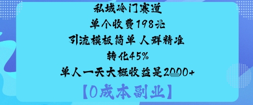 私域冷门赛道:单个收费198米引流模板简单人群精准转化45%单人一天大概收益是1k+-zhichuangquan
