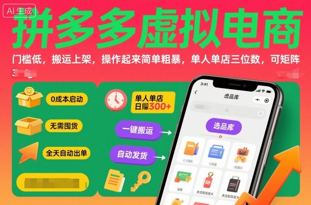 拼多多虚拟电商，门槛低，搬运上架，操作起来简单粗暴，单人单店三位数，可矩阵-zhichuangquan