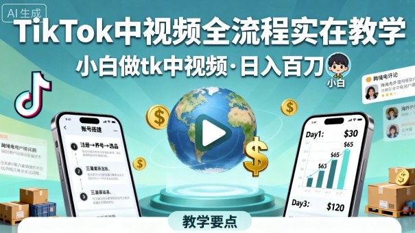 TikTok中视频全流程实操教学，小白做tk中视频，日入百刀-zhichuangquan