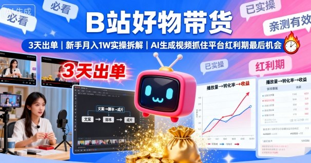 B站好物带货，3天出单，新手月入1W实操拆解，AI生成视频，抓住平台红利期最后机会-zhichuangquan