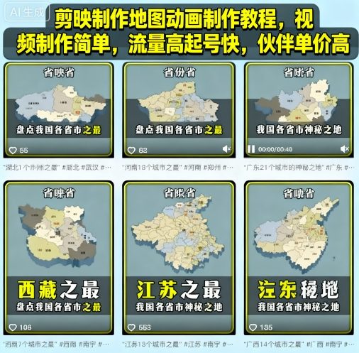 剪映制作地图动画制作教程，视频制作简单，流量高起号快，伙伴单价高-zhichuangquan