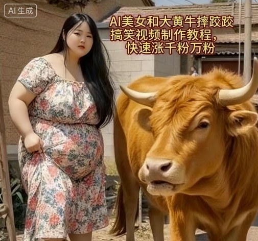 AI美女和大黄牛摔跤搞笑荒诞视频制作教程，快速涨千粉万粉-zhichuangquan