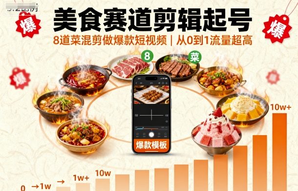 美食赛道剪辑起号，8道菜混剪做爆款短视频，从0到1，流量超高-zhichuangquan