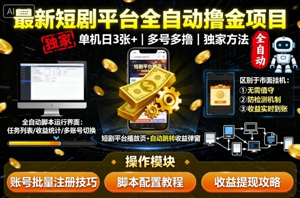 最新短剧平台全自动挂G撸金项目，单机一天3张+，多号多撸，区别于市面所有挂机项目，独家方法【揭秘】-zhichuangquan