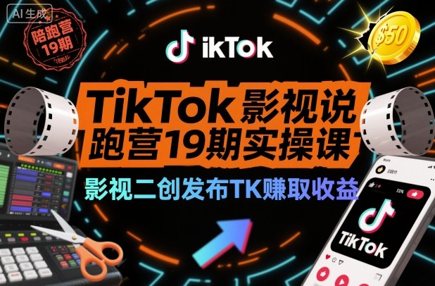 TikTok影视解说陪跑营19期实操课，影视二创发布TK賺取收益，万播收益50美金-zhichuangquan