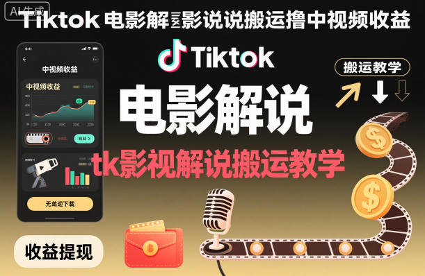 Tiktok电影解说搬运撸中视频收益，tk影视解说搬运教学-zhichuangquan