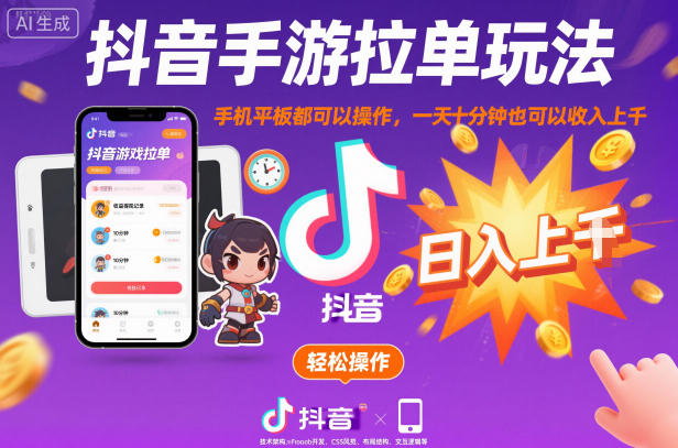 抖音手游拉单玩法，手机平板都可以操作，一天十分钟也可以收入上K【揭秘】-zhichuangquan