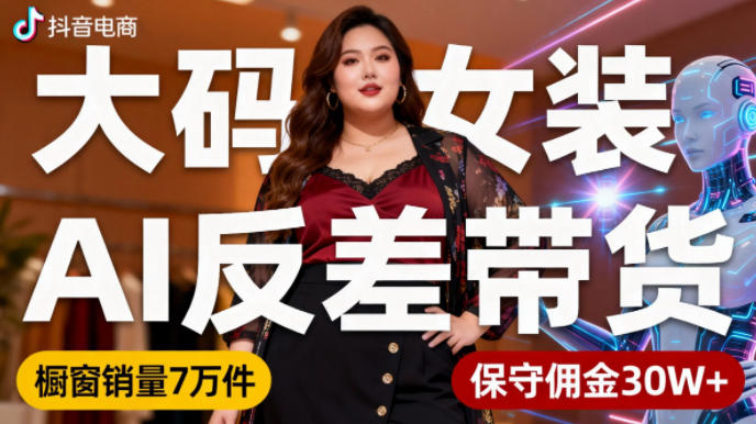 抖音小众赛道，大码女装AI反差带货，不用直播，每天6条作品，橱窗卖7万件，保守佣金30W+-zhichuangquan