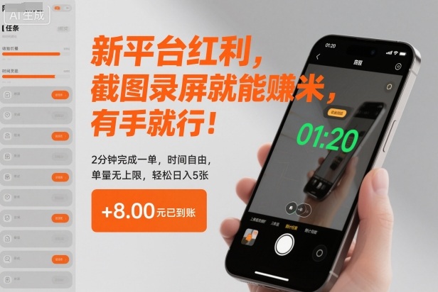 新平台红利，截图录屏就能賺米，有手就行！2分钟完成一单，时间自由，单量无上限，轻松日入5张【揭秘】-zhichuangquan
