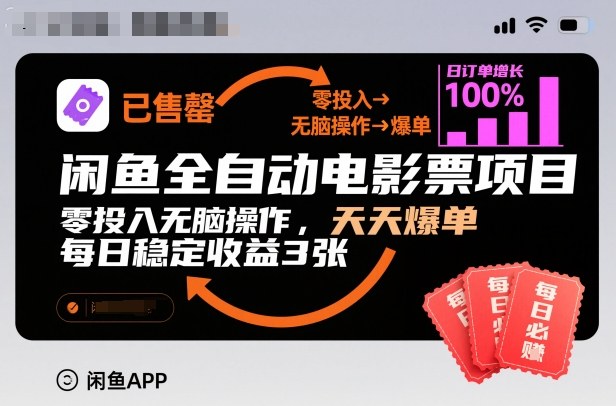闲鱼全自动电影票项目，零投入无脑操作，天天爆单，每日稳定收益3张【揭秘】-zhichuangquan
