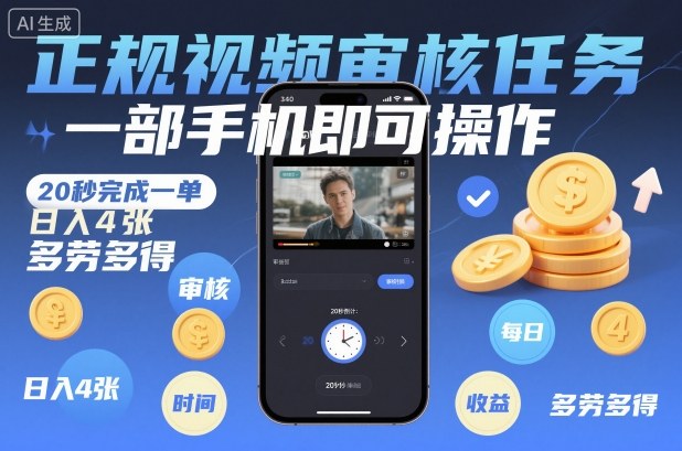 正规视频审核任务，一部手机即可操作，20秒完成一单，日入4张，多劳多得【揭秘】-zhichuangquan