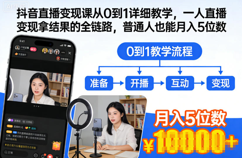 抖音直播变现课从0到1详细教学，一人直播变现拿结果的全链路，普通人也能月入5位数-zhichuangquan