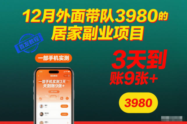 12月外面带队3980的居家副业项目，一部手机实测3天到账9张+，首发教程【揭秘】-zhichuangquan